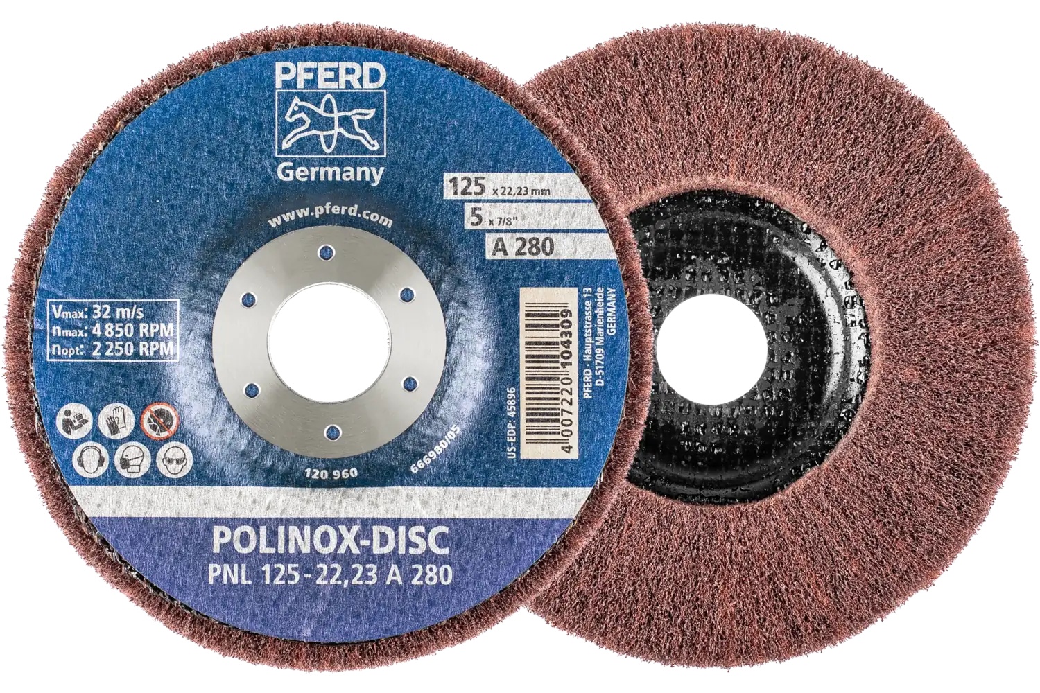 Picture of Pferd Polinox® Fibre-backing disc, 5" 3/4 x 7/8, Radial, 280 Grit, Aluminum oxide